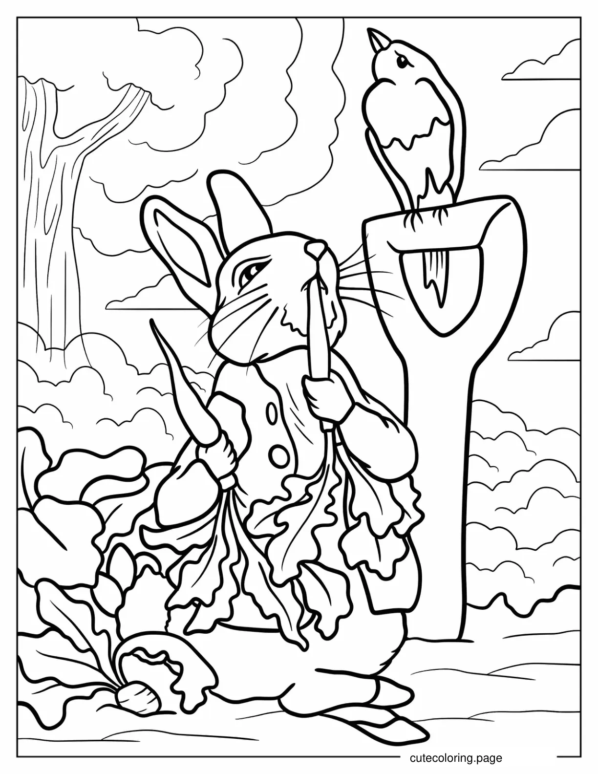 Peter Rabbit Nibbling On A Carrot While Looking Up At A Bird Coloring Sheet coloring page