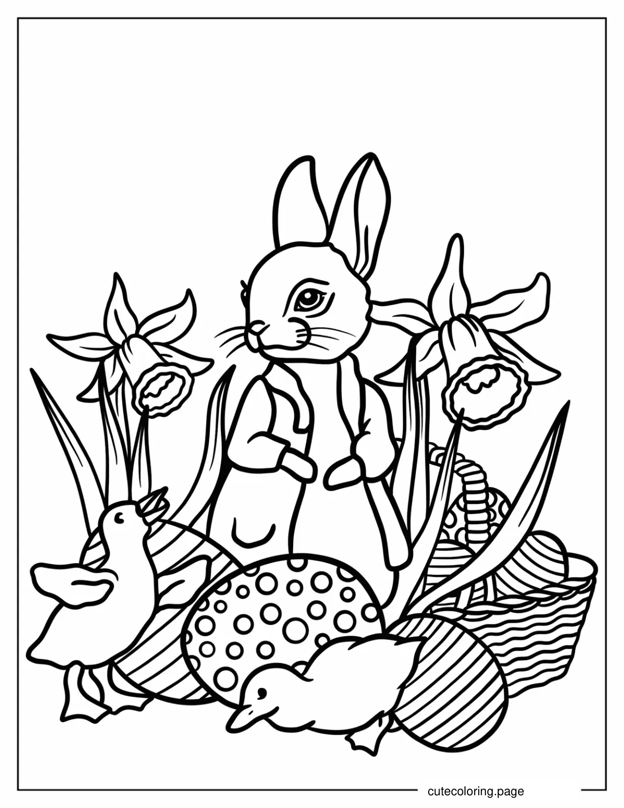 Peter Rabbit Surrounded By Ducklings And Easter Eggs coloring page