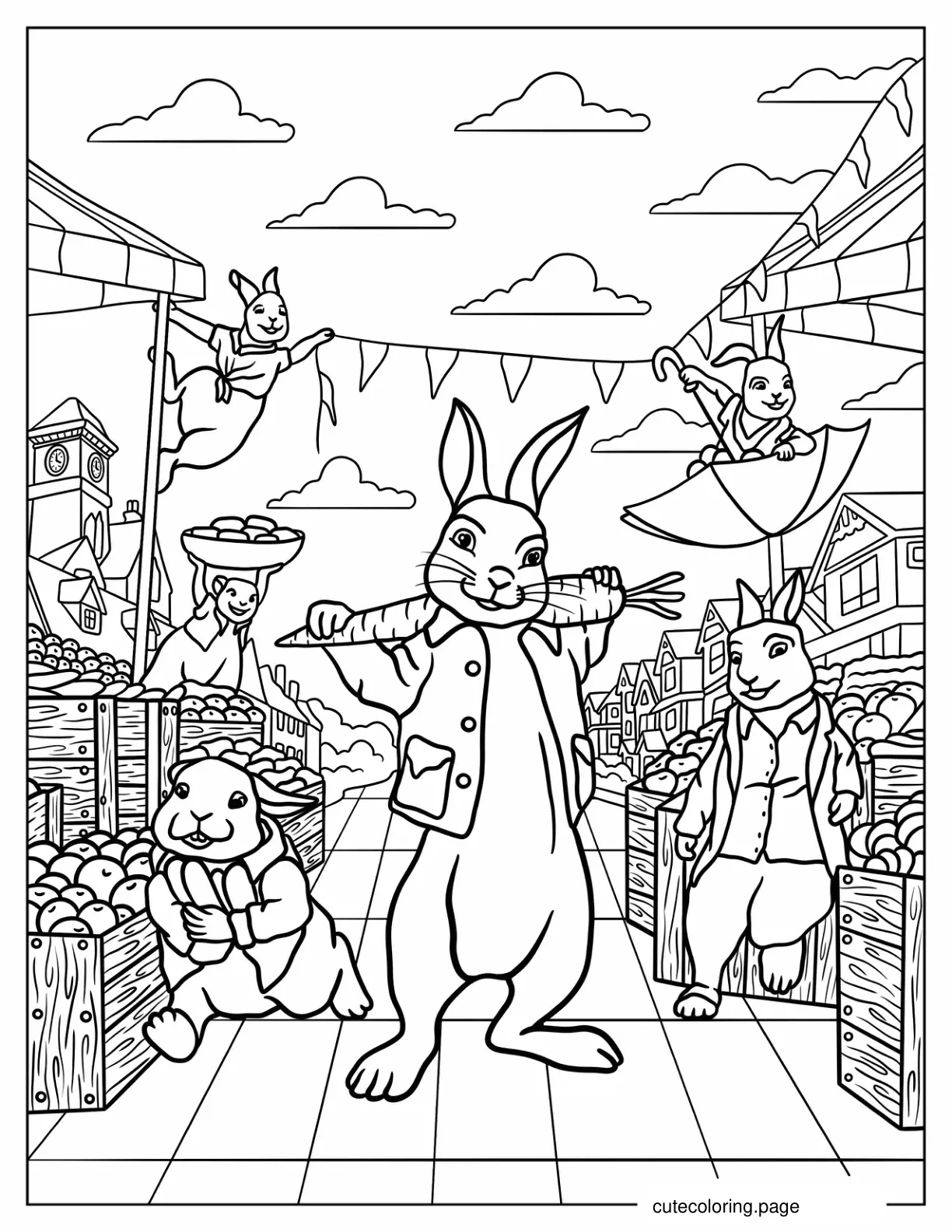 Peter Rabbit With Friends In The Market Coloring Sheet coloring page