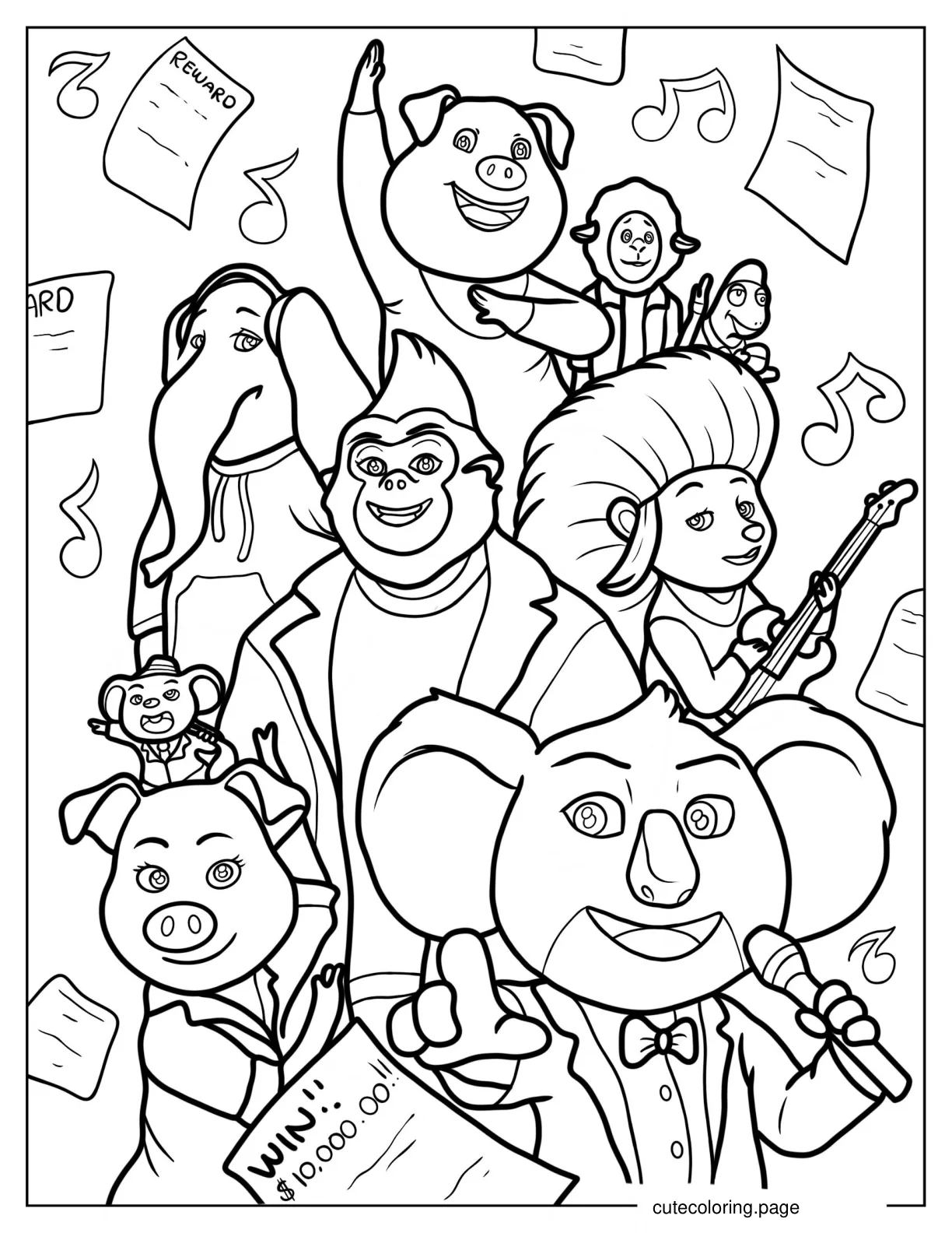 Buster Moon With Rosita Mike Ash Johnny Meena Gunter And Eddie Coloring Page 1 coloring page