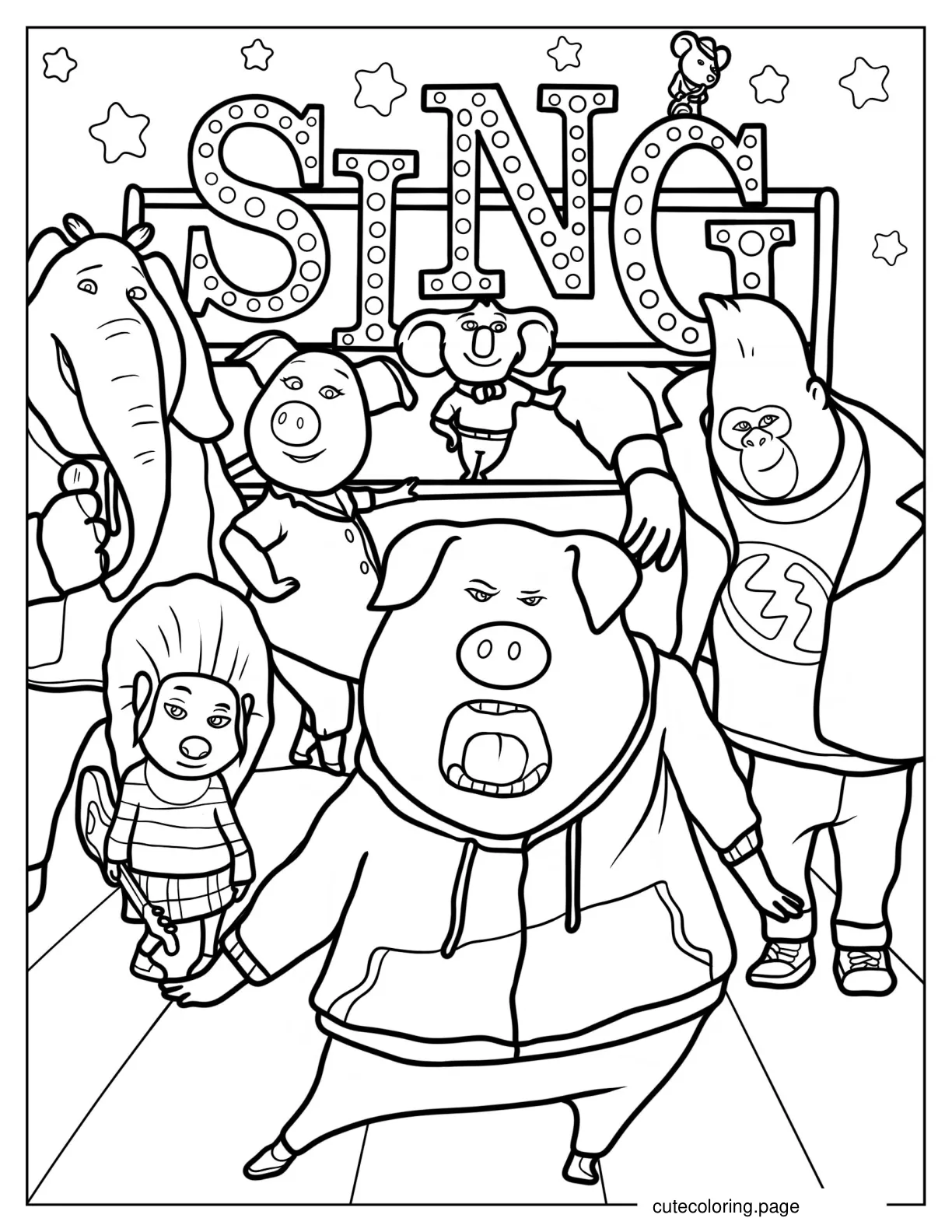 Gunter Rosita Buster Moon Johnny Ash And Meena In Sing Poster 1 coloring page