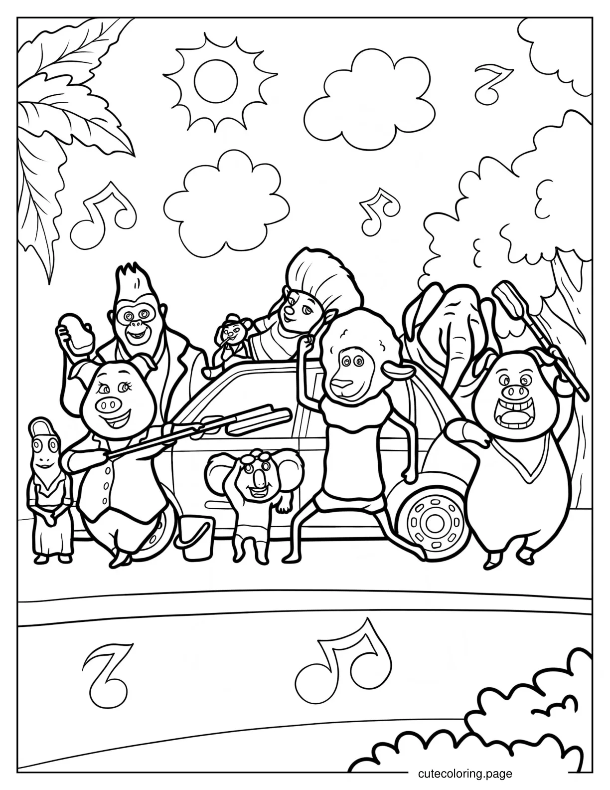 Rosita Gunter And Friends Singing And Dancing In Front Of Car 1 coloring page