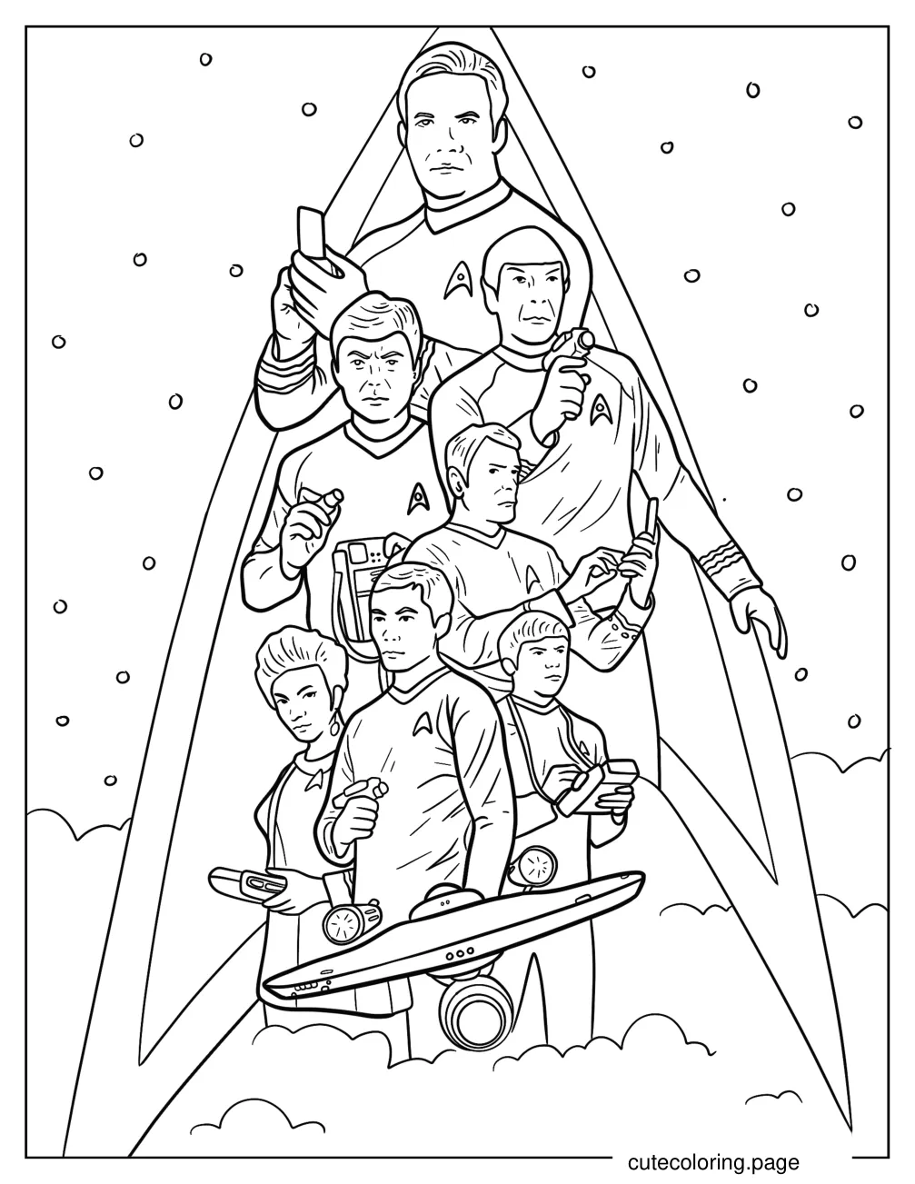 Admiral Kirk Spock Leonard McCoy Nyota Uhura Christopher Pike Pavel Chekov And Hikaru Sulu coloring page