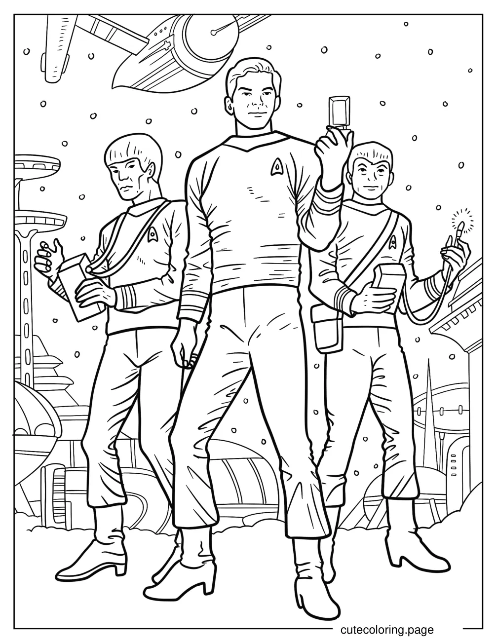 Admiral Kirk With Spock And Leonard McCoy Below USS Enterprise coloring page