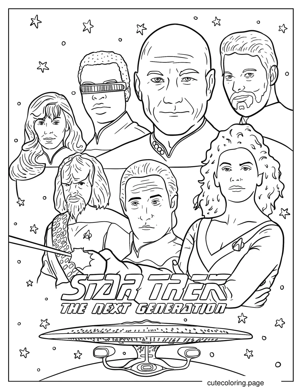 Star Trek Next Generation Jean Luc Picard William Riker Commander Data Geordi La Forge Lt. Worf Dr. Beverly Crusher And Deanna Troi coloring page