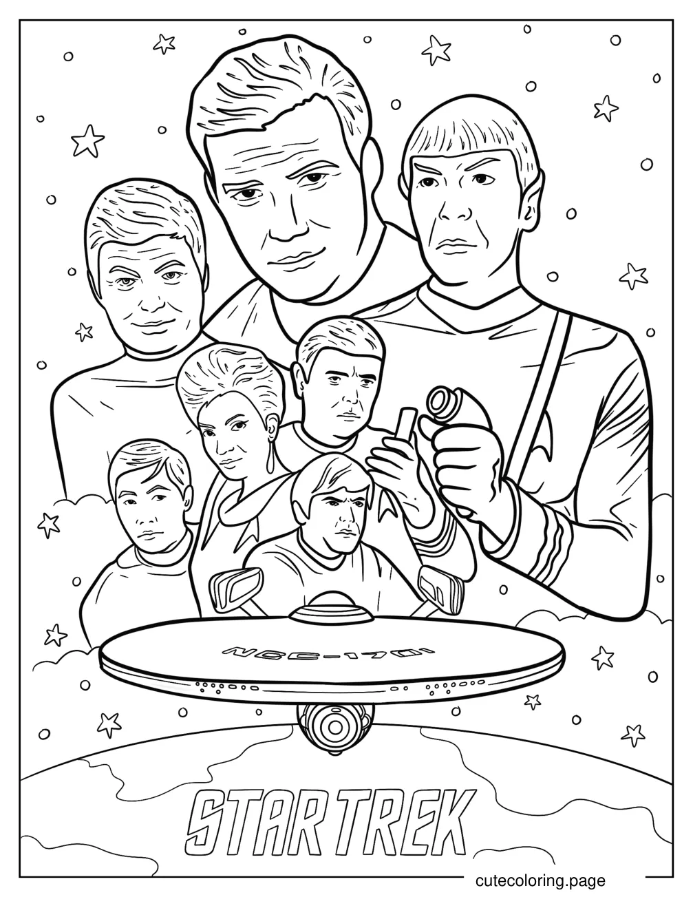 Star Trek Poster Of Admiral Kirk Spock Pavel Christopher Nyota Leonard And Hikaru coloring page