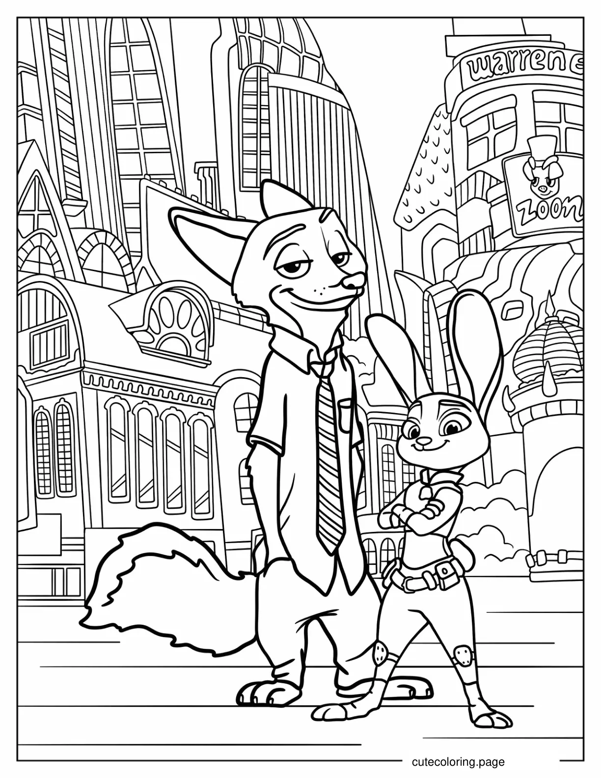 Detailed Nick And Judy Smiling In Zootopia Coloring Sheet coloring page