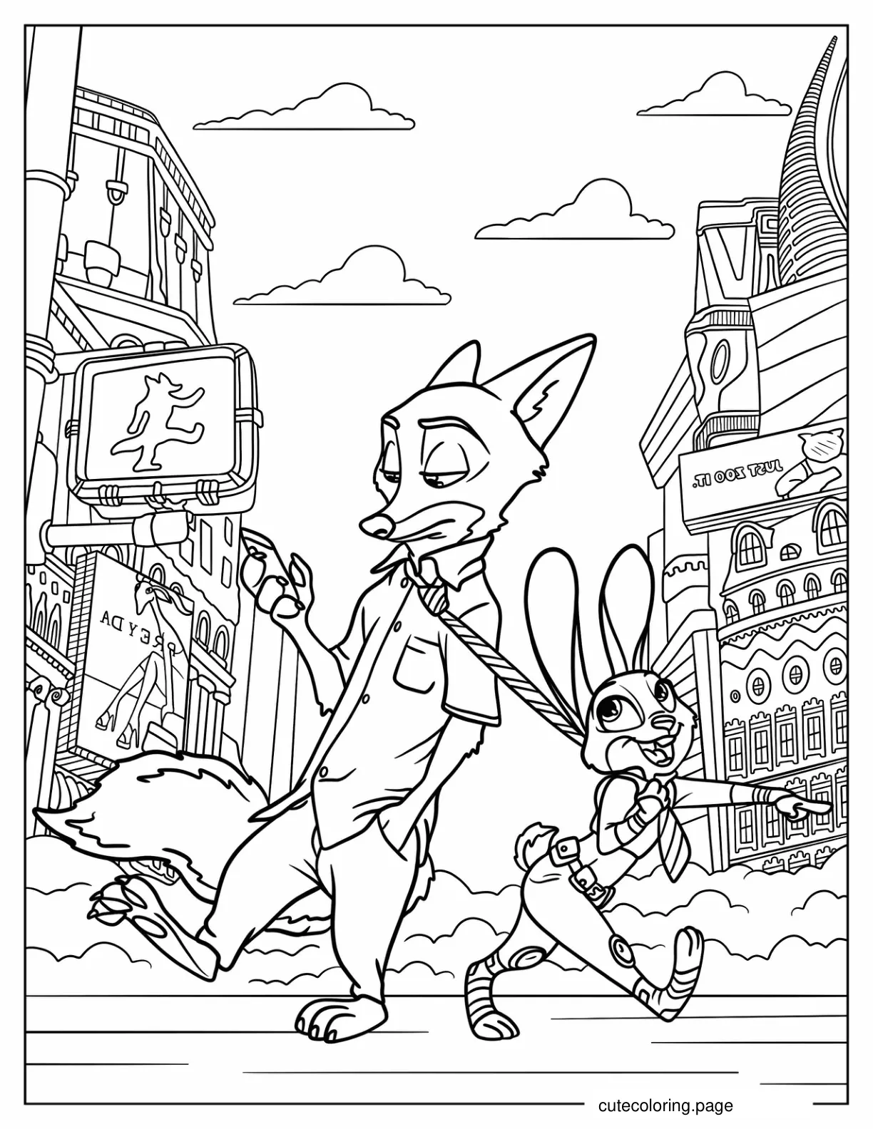 Judy Hopps Pulling Nick Wilde By The Necktie coloring page