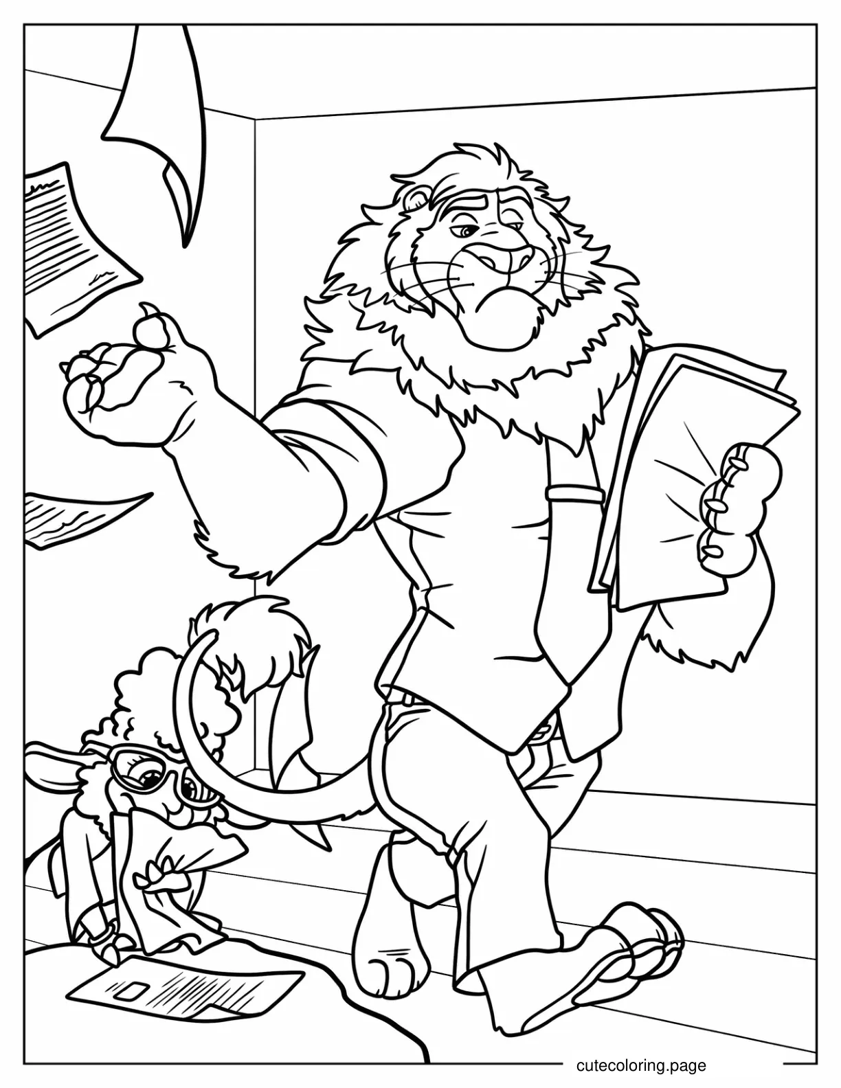 Mayor Lionheart Throwing Paper Around With Bellwether Picking Them Up coloring page