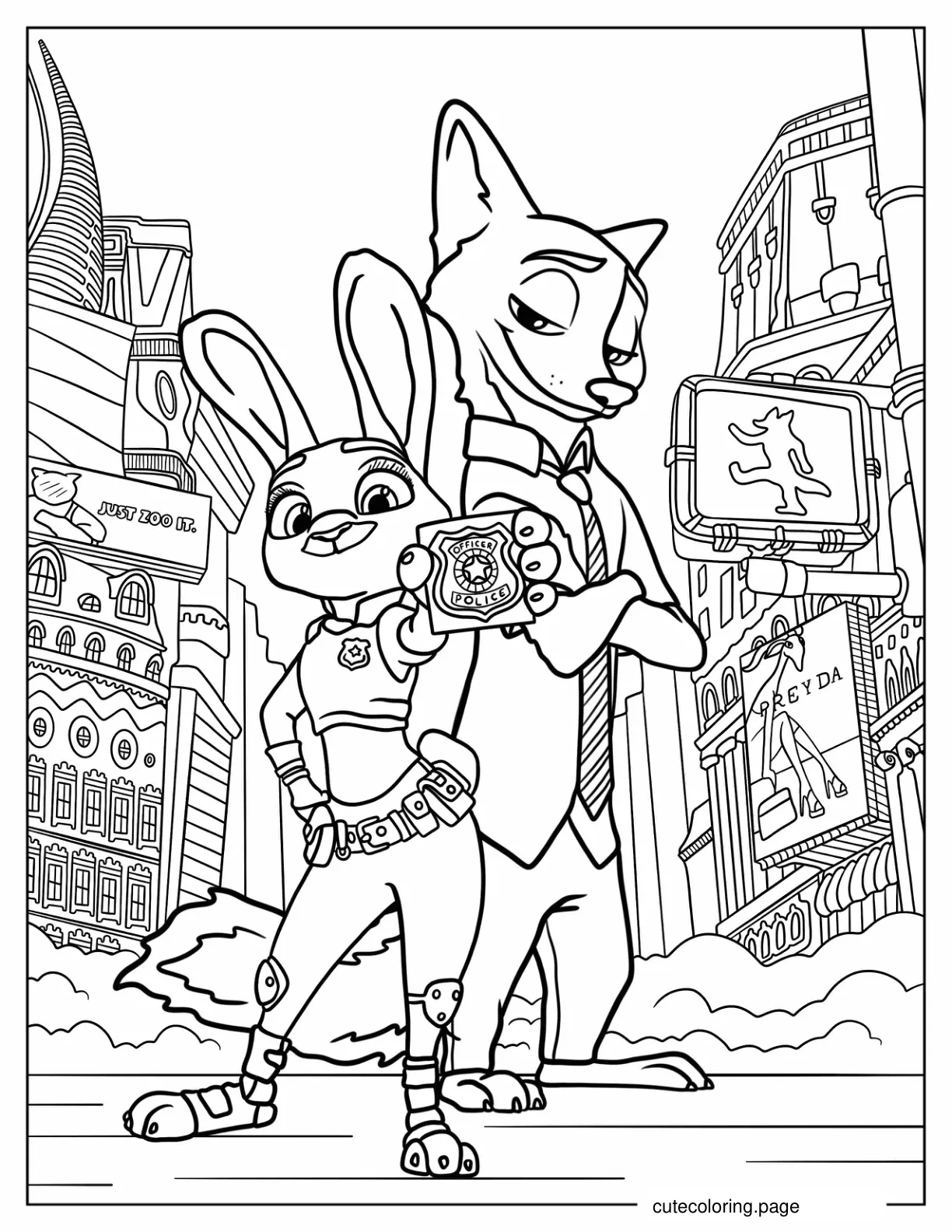 Nick Standing Beside Judy Showing Her Badge Coloring Page coloring page