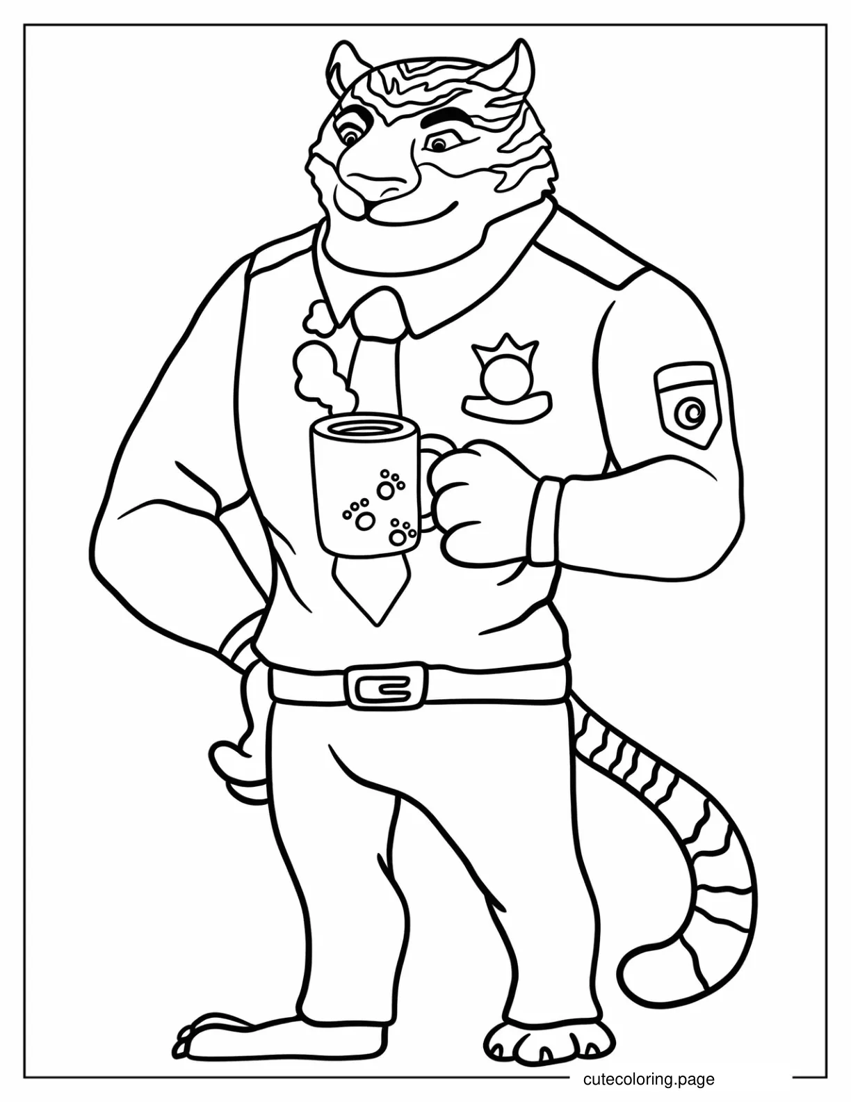 Simple Officer Tiger Holding Mug Outline Coloring Sheet coloring page